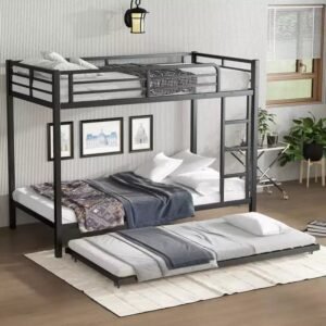 Twin XL Over Twin XL Metal Bunk Bed with Trundle, Guardrails & Noise-Free, Black