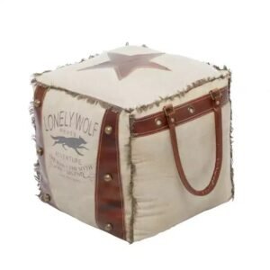 Rustic Leather & Canvas Foot Stool Ottoman, Vintage Style Accent Footrest